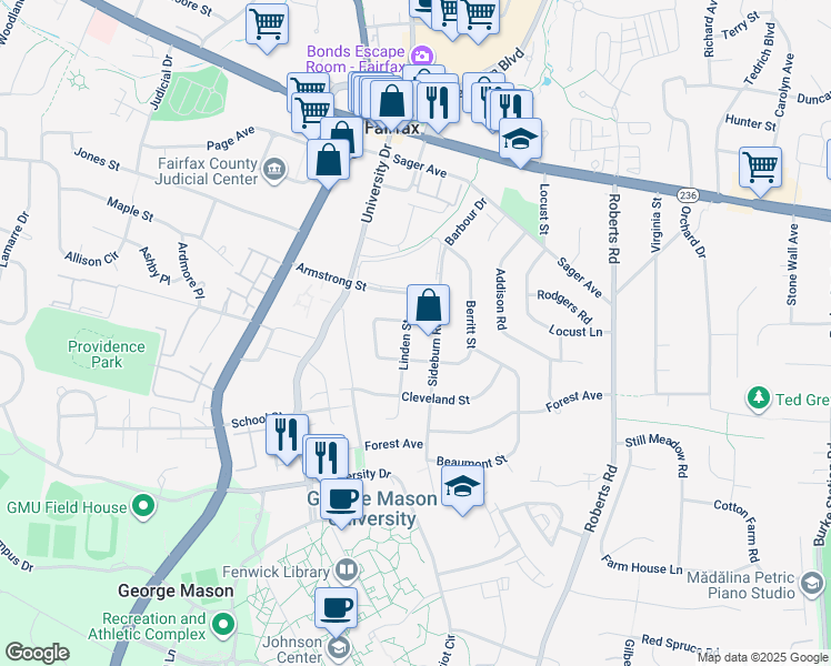 map of restaurants, bars, coffee shops, grocery stores, and more near 4207 Linden Street in Fairfax