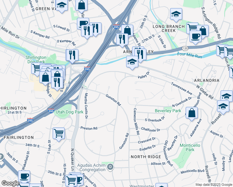 map of restaurants, bars, coffee shops, grocery stores, and more near 3614 Valley Drive in Alexandria