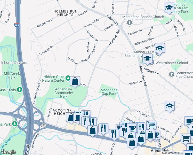 map of restaurants, bars, coffee shops, grocery stores, and more near 3809 Hummer Road in Annandale