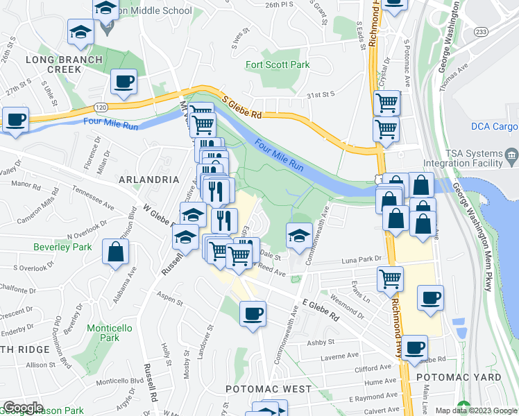 map of restaurants, bars, coffee shops, grocery stores, and more near 3807 Edison Street in Alexandria