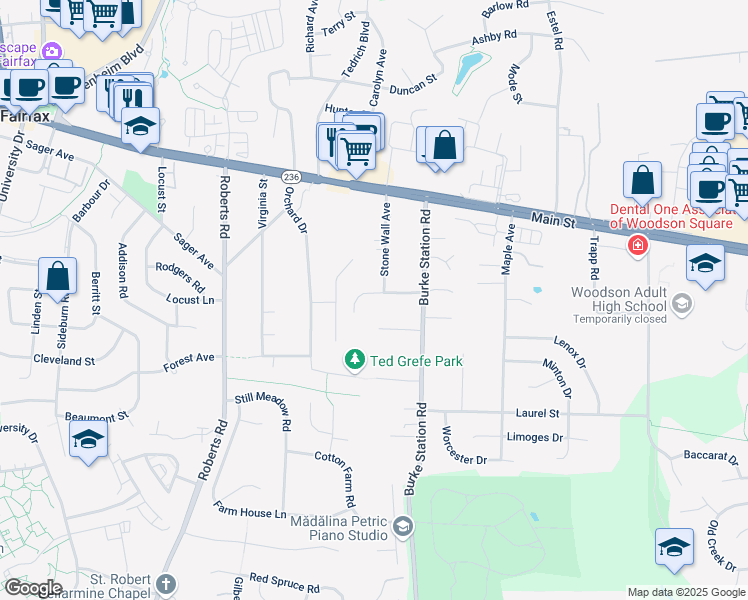 map of restaurants, bars, coffee shops, grocery stores, and more near 9911 Stoughton Road in Fairfax