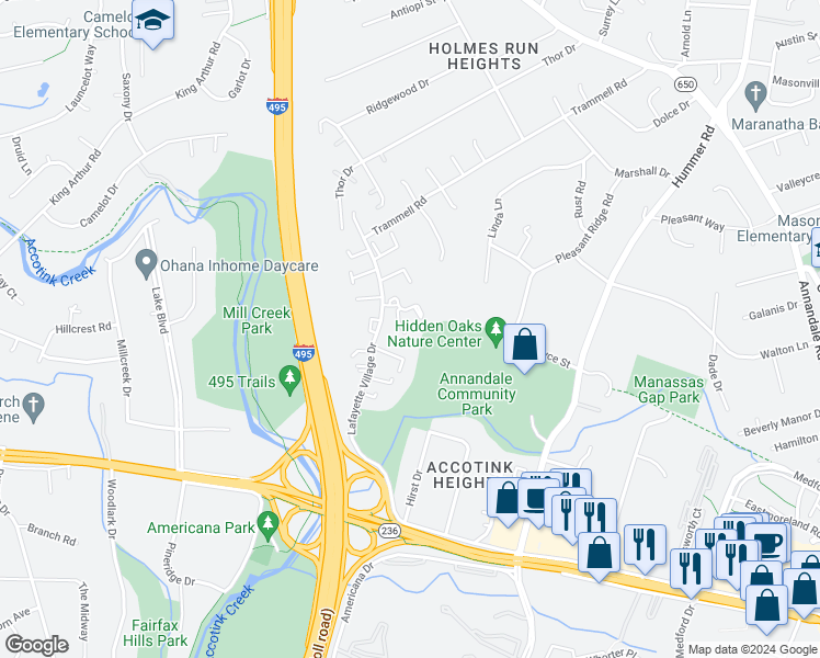 map of restaurants, bars, coffee shops, grocery stores, and more near 7802 Butterfield Lane in Annandale