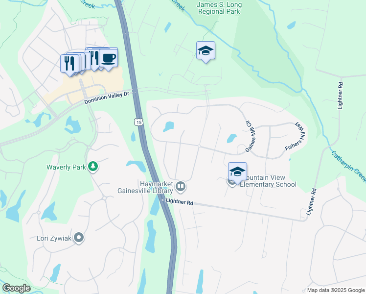 map of restaurants, bars, coffee shops, grocery stores, and more near 5501 Hillsman Farm Lane in Haymarket