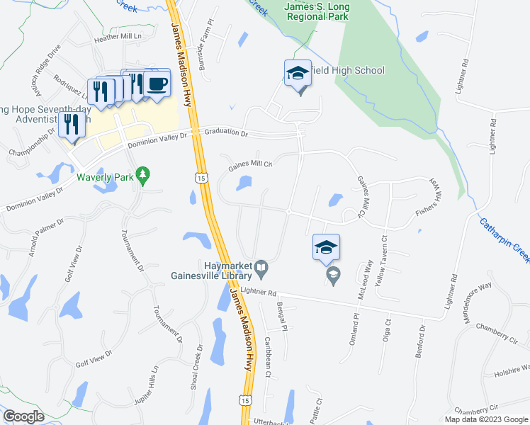 map of restaurants, bars, coffee shops, grocery stores, and more near 5501 Hillsman Farm Lane in Haymarket