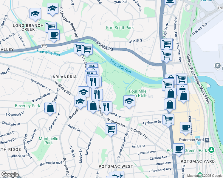 map of restaurants, bars, coffee shops, grocery stores, and more near 3807 Edison Street in Alexandria