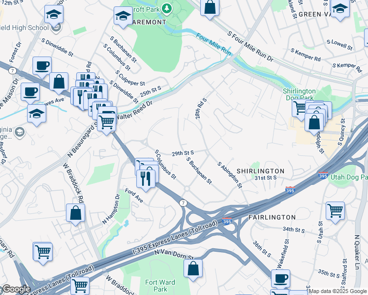 map of restaurants, bars, coffee shops, grocery stores, and more near 2875 South Buchanan Street in Arlington