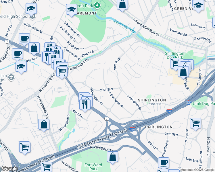 map of restaurants, bars, coffee shops, grocery stores, and more near 2879 South Buchanan Street in Arlington