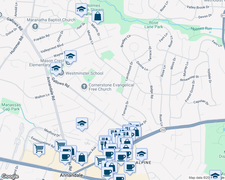 map of restaurants, bars, coffee shops, grocery stores, and more near 3816 Howard Street in Annandale