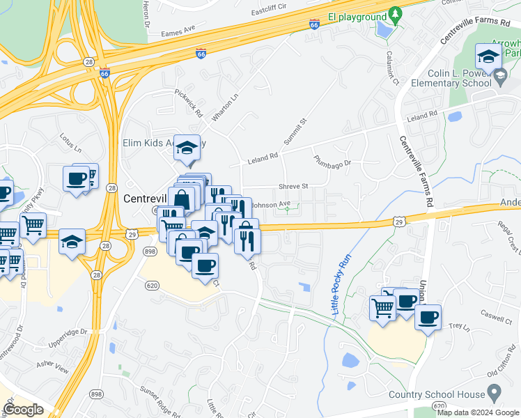 map of restaurants, bars, coffee shops, grocery stores, and more near 5632 Kertscher Terrace in Centreville