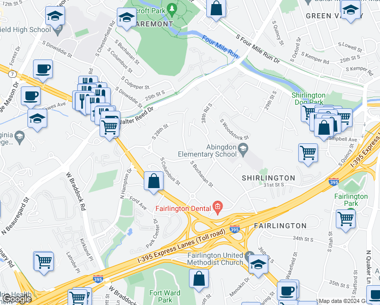 map of restaurants, bars, coffee shops, grocery stores, and more near 2873 South Buchanan Street in Arlington