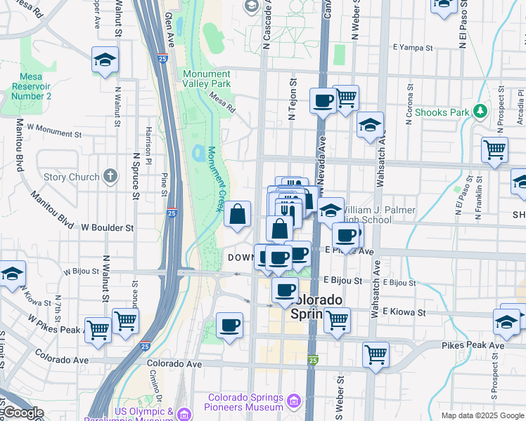map of restaurants, bars, coffee shops, grocery stores, and more near 325 North Cascade Avenue in Colorado Springs