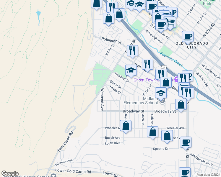 map of restaurants, bars, coffee shops, grocery stores, and more near 1018 Modes Street in Colorado Springs