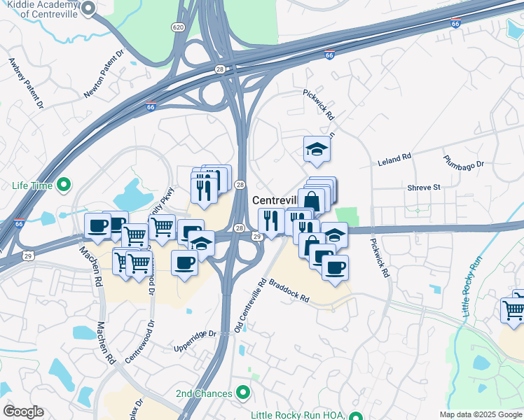 map of restaurants, bars, coffee shops, grocery stores, and more near 13928 Lee Highway in Centreville