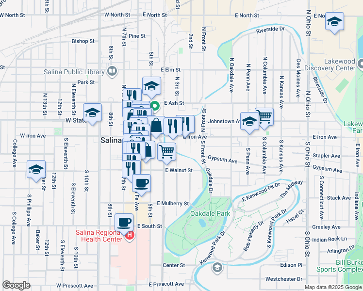 map of restaurants, bars, coffee shops, grocery stores, and more near 117 South 3rd Street in Salina