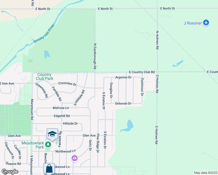 map of restaurants, bars, coffee shops, grocery stores, and more near 110 S Douglas Dr in Salina