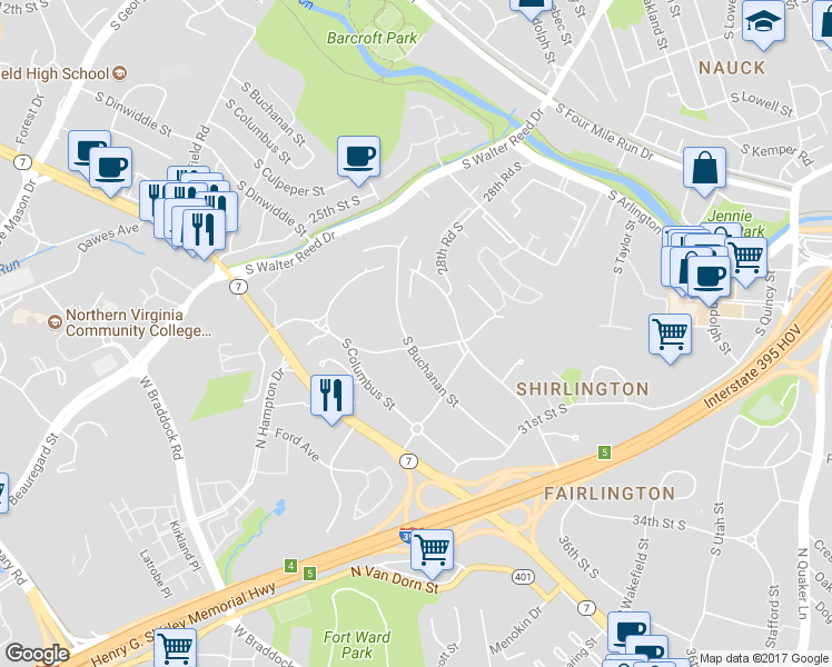 map of restaurants, bars, coffee shops, grocery stores, and more near 2875 South Buchanan Street in Arlington