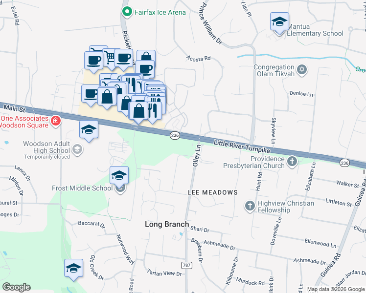 map of restaurants, bars, coffee shops, grocery stores, and more near 9301 Little River Turnpike in Fairfax