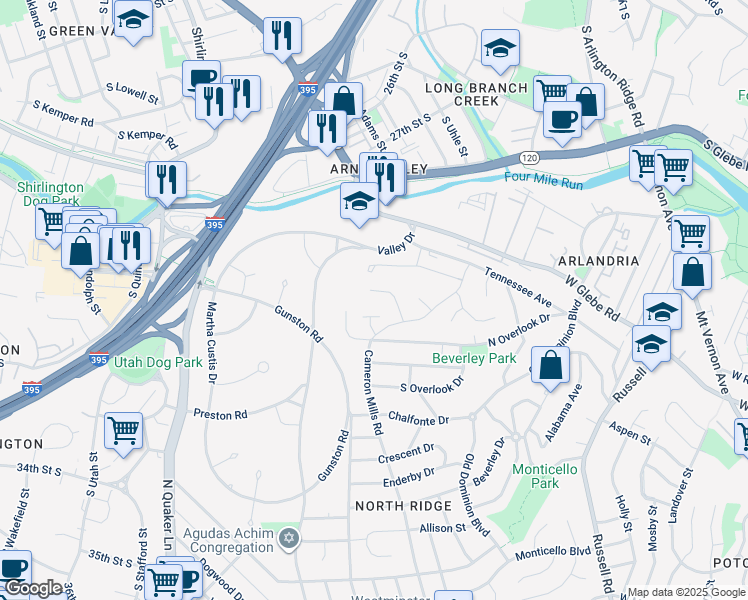map of restaurants, bars, coffee shops, grocery stores, and more near 3620 Orlando Place in Alexandria