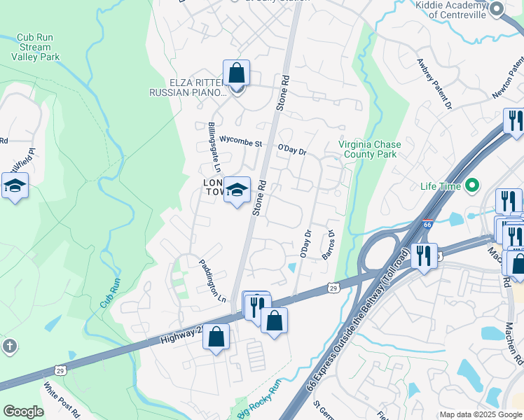 map of restaurants, bars, coffee shops, grocery stores, and more near 6211 Stonepath Circle in Centreville