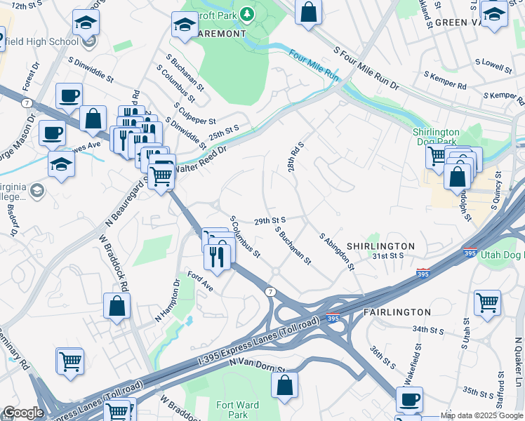 map of restaurants, bars, coffee shops, grocery stores, and more near 2888 South Buchanan Street in Arlington