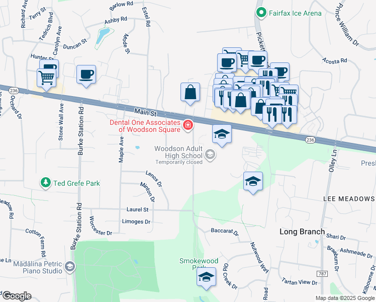 map of restaurants, bars, coffee shops, grocery stores, and more near 4036 Whitacre Road in Fairfax