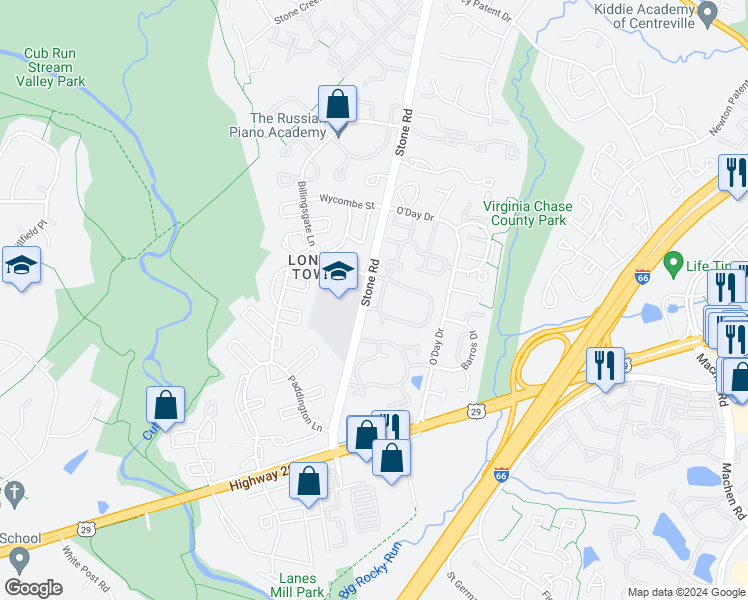 map of restaurants, bars, coffee shops, grocery stores, and more near 6211 Stonepath Circle in Centreville