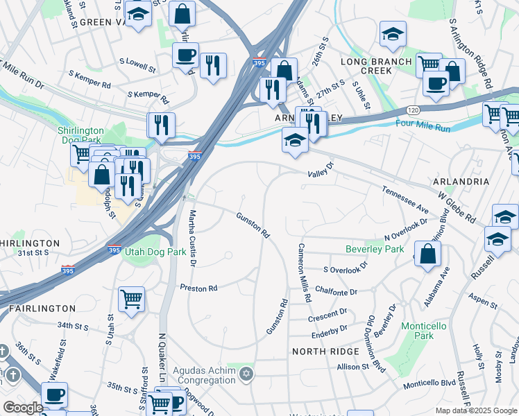 map of restaurants, bars, coffee shops, grocery stores, and more near 3622 Valley Drive in Alexandria