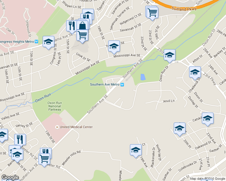 map of restaurants, bars, coffee shops, grocery stores, and more near 1911 Southern Avenue Southeast in Oxon Hill