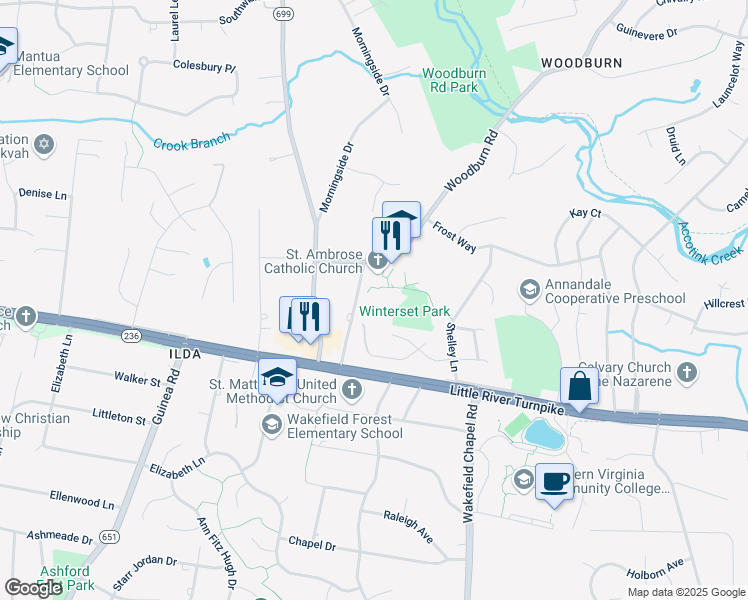 map of restaurants, bars, coffee shops, grocery stores, and more near 3911 Woodburn Road in Annandale