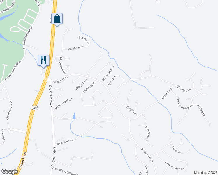 map of restaurants, bars, coffee shops, grocery stores, and more near 16400 Village Drive West in Upper Marlboro