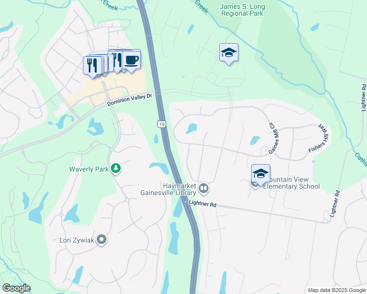map of restaurants, bars, coffee shops, grocery stores, and more near 15039 Gaines Mill Circle in Haymarket