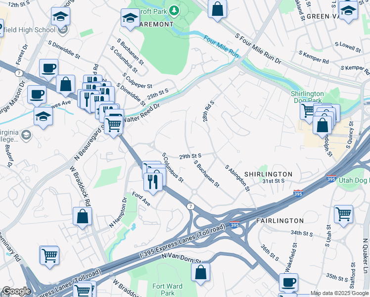 map of restaurants, bars, coffee shops, grocery stores, and more near 2854 South Buchanan Street in Arlington