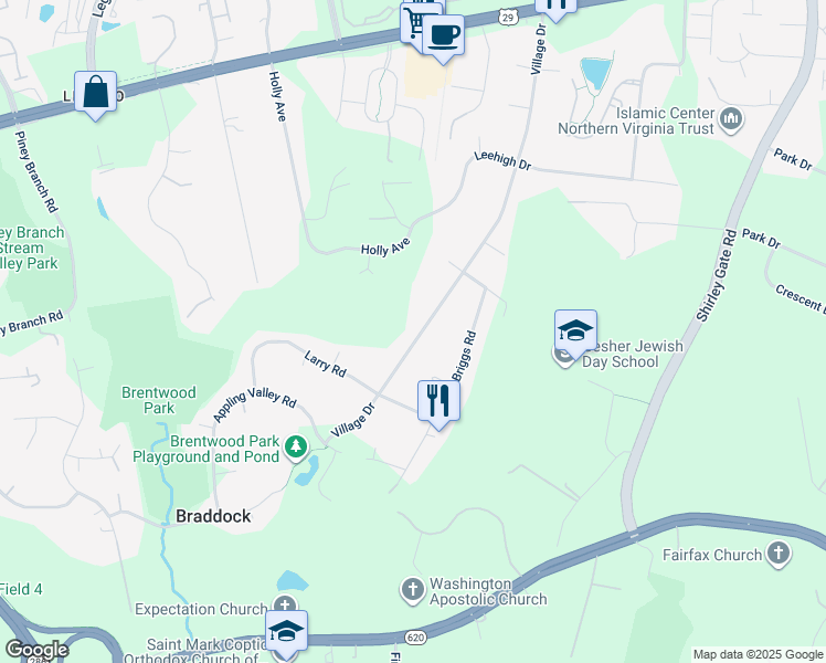 map of restaurants, bars, coffee shops, grocery stores, and more near 4800 Village Drive in Fairfax