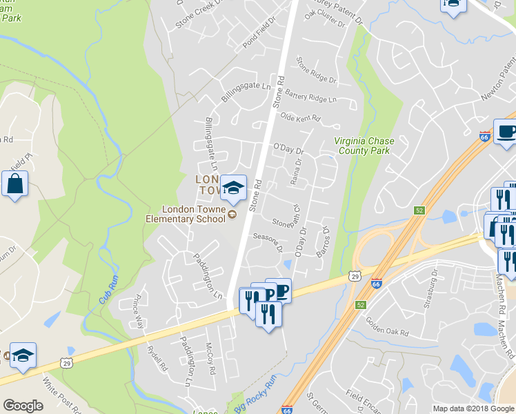 map of restaurants, bars, coffee shops, grocery stores, and more near 6213 Stonepath Circle in Centreville