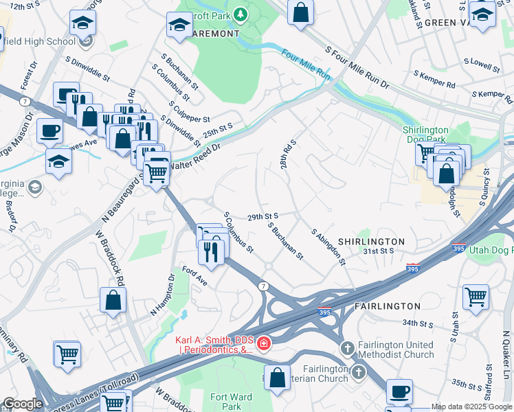 map of restaurants, bars, coffee shops, grocery stores, and more near 2852 South Buchanan Street in Arlington