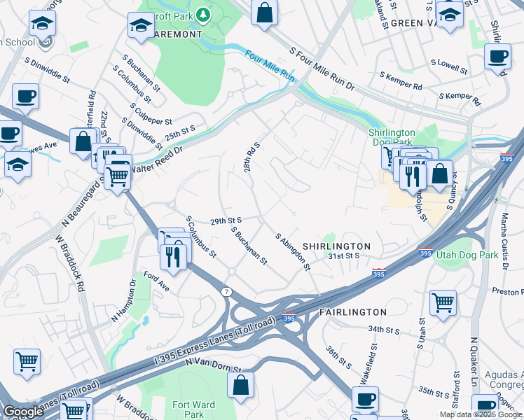 map of restaurants, bars, coffee shops, grocery stores, and more near 2895 South Abingdon Street in Arlington