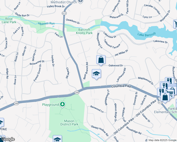 map of restaurants, bars, coffee shops, grocery stores, and more near 3805 Bent Branch Road in Falls Church