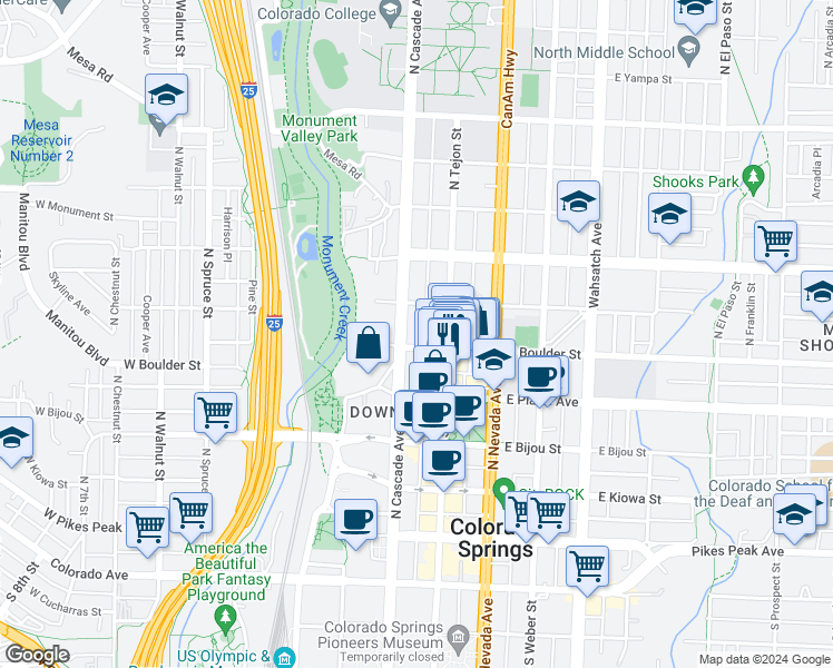 map of restaurants, bars, coffee shops, grocery stores, and more near 325 North Cascade Avenue in Colorado Springs