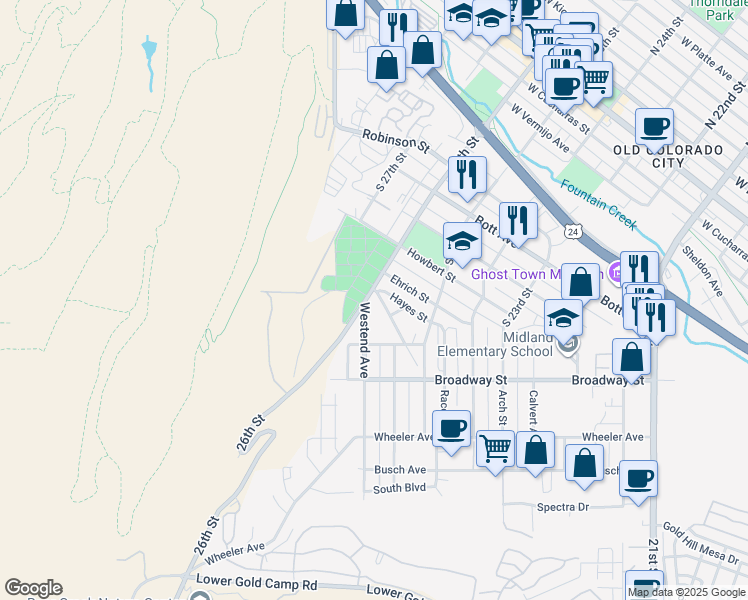 map of restaurants, bars, coffee shops, grocery stores, and more near 1018 Modes Street in Colorado Springs