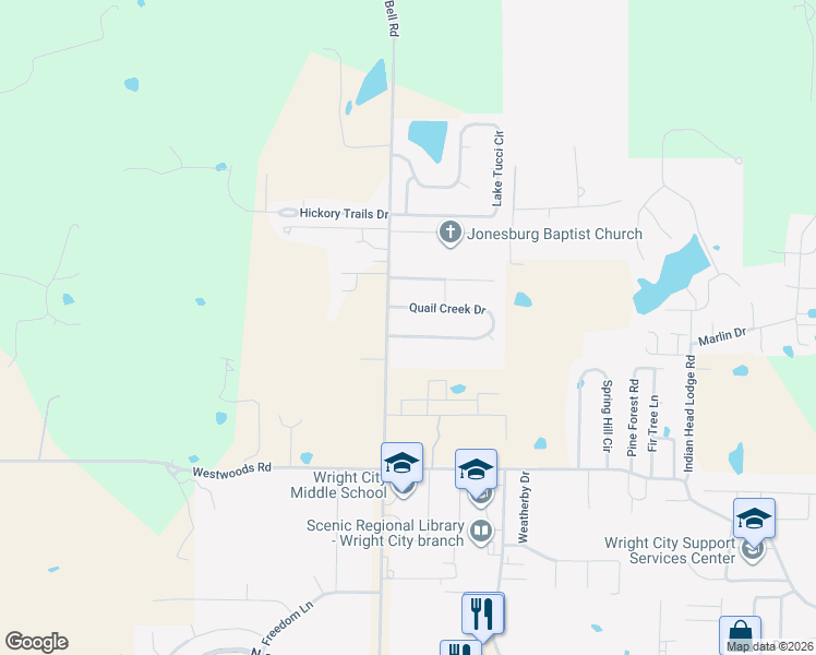 map of restaurants, bars, coffee shops, grocery stores, and more near 160 Quail Creek Drive in Wright City