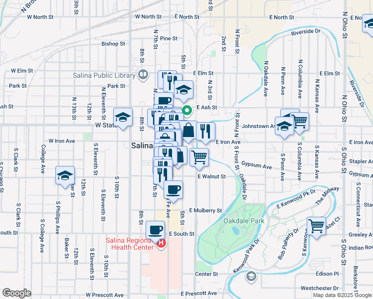map of restaurants, bars, coffee shops, grocery stores, and more near 126 South 5th Street in Salina