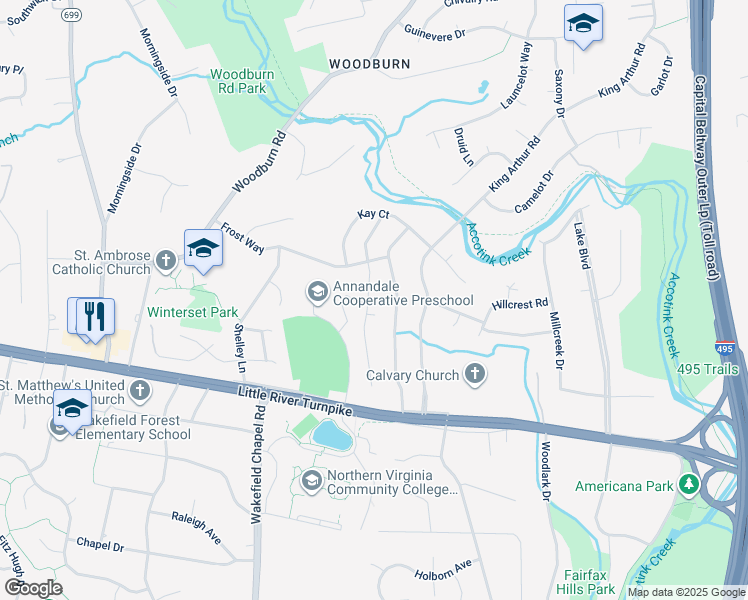 map of restaurants, bars, coffee shops, grocery stores, and more near 3821 Whitman Road in Annandale