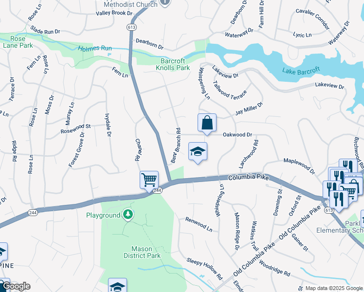 map of restaurants, bars, coffee shops, grocery stores, and more near 3805 Bent Branch Road in Falls Church