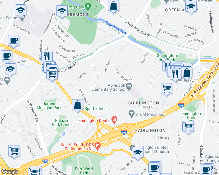 map of restaurants, bars, coffee shops, grocery stores, and more near 2882 South Abingdon Street in Arlington