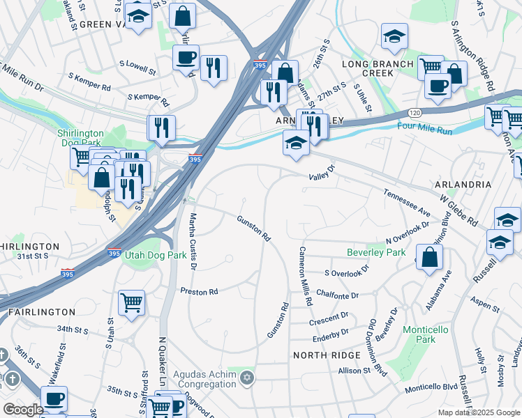 map of restaurants, bars, coffee shops, grocery stores, and more near 3622 Valley Drive in Alexandria