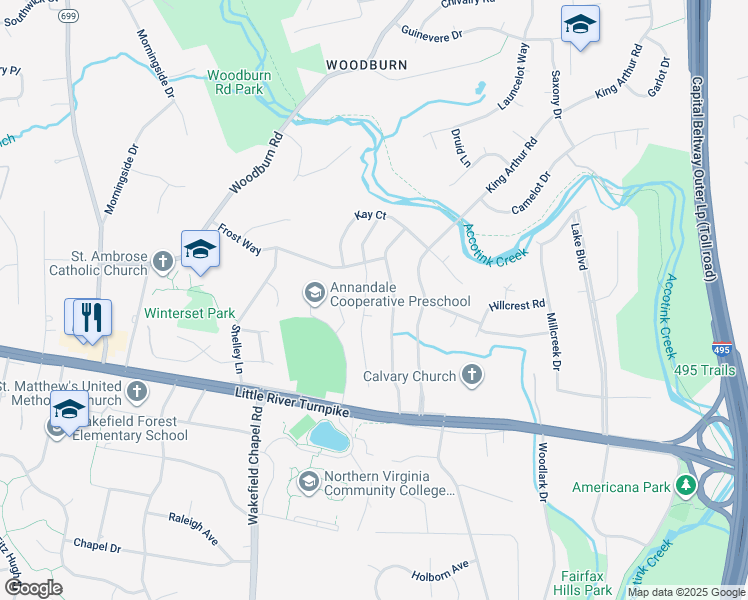map of restaurants, bars, coffee shops, grocery stores, and more near 3821 Whitman Road in Annandale