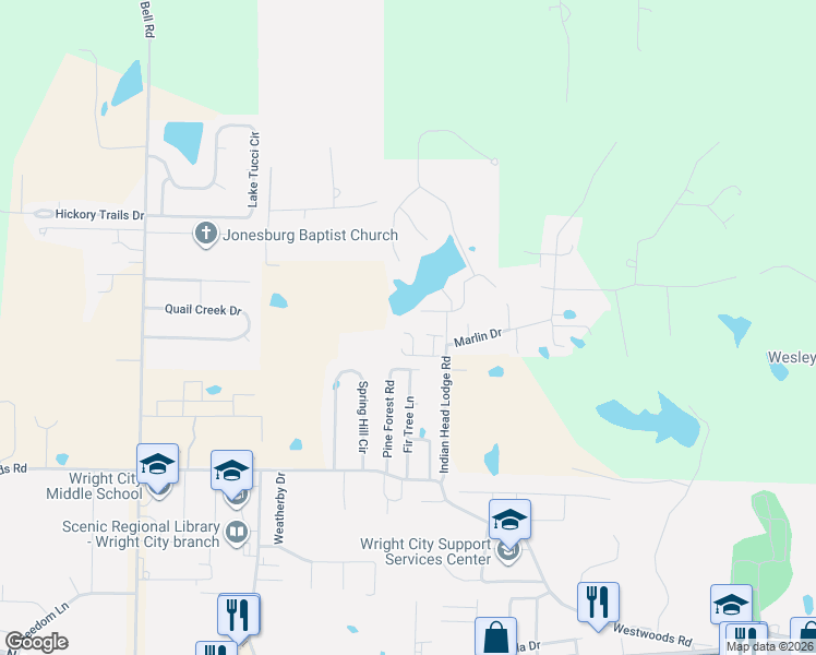map of restaurants, bars, coffee shops, grocery stores, and more near 133 Fort Hancock Circle in Wright City
