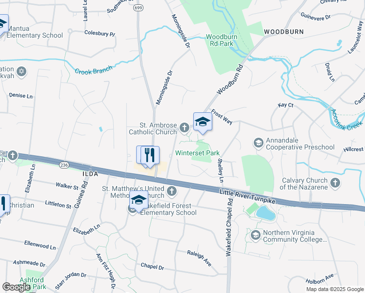 map of restaurants, bars, coffee shops, grocery stores, and more near 3911 Woodburn Road in Annandale