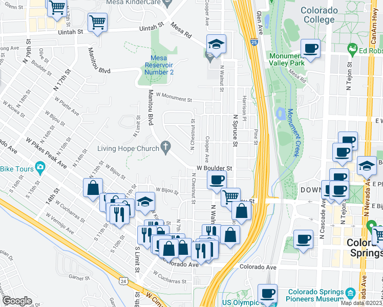 map of restaurants, bars, coffee shops, grocery stores, and more near 405 North Chestnut Street in Colorado Springs