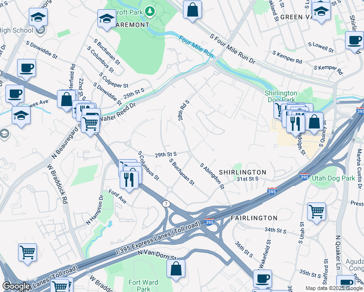 map of restaurants, bars, coffee shops, grocery stores, and more near 2880 South Abingdon Street in Arlington